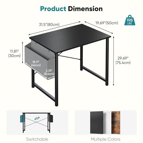 OLIXIS Computer Desk 31 Inch Home Office Desks for Small Spaces, Gaming Writing Study Work Table with Storage Bag for Bedroom, Black OLIXIS
