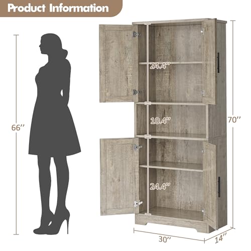 GarveeHome Tall Storage Cabinet, 70 in Kitchen Pantry Cabinet with Doors and Adjustable Shelves, Rustic Wooden Cupboard for Dining Room, Living Room,Gray GarveeHome