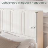 LARMACE Queen Size Bed Frame with 4 Storage Drawers and Wingback Headboard Linen Upholstered Platform Bed Frame with Wooden Slats, Easy Assembly, White LARMACE