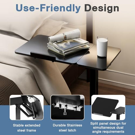 DUMOS Overbed Bedside Table Adjustable with Wheels, Mobile Standing Stand Up Rolling Laptop PC Desks with Tilting Top Height Tray Sofa Side Computer Workstation for Bedroom on Hospital Home Use, Black DUMOS