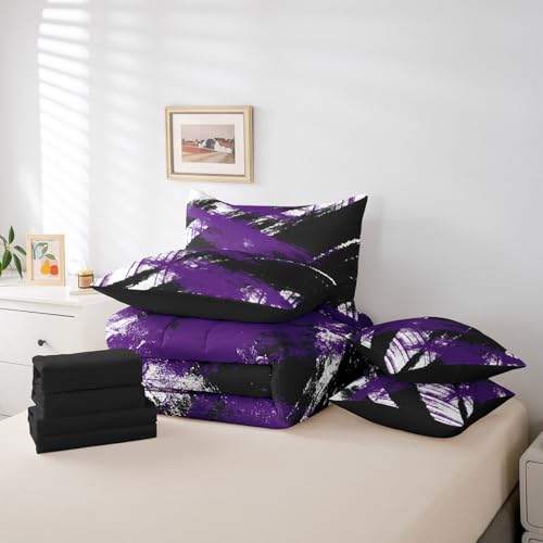 jejeloiu Abstract Art Comforter Set with Sheets Kids King Size 7 Pieces Modern Geometric Bedding Set for Boys Girls Teens White Black Purple Bed in a Bag Room Decor jejeloiu