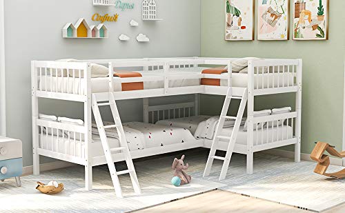 L-Shaped Bunk Bed Twin Over Twin, Quad Bunk Bed with Guardrail and Angle Ladder, Wood Twin Bunk Beds for 4, Corner Bunk Beds for Kids, Teens, Adults, No Box Spring Needed (Twin, 4 Beds, White) Harper & Bright Designs