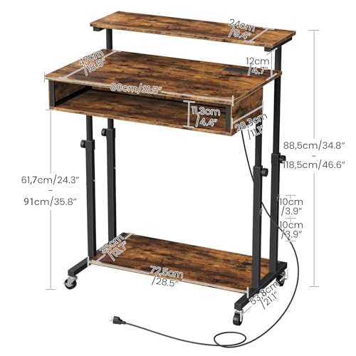 CHOEZON Computer Desk, Standing Desk on Wheels, Rolling Desk with Charging Station, Height-Adjustable Laptop Desk, for Living Room, Home Office, Rustic Brown and Black TDN08UBF CHOEZON