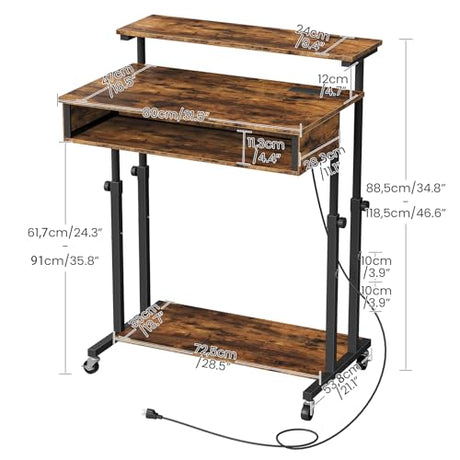 CHOEZON Computer Desk, Standing Desk on Wheels, Rolling Desk with Charging Station, Height-Adjustable Laptop Desk, for Living Room, Home Office, Rustic Brown and Black TDN08UBF CHOEZON