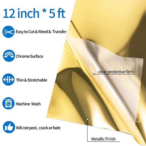 VINYL FROG Gold Metallic Foil Heat Transfer Vinyl Roll 12" x5ft Gold Iron on Vinyl Chrome HTV Vinyl Easy to Cut & Weed DIY Heat Press Design for T-Shirts VINYL FROG