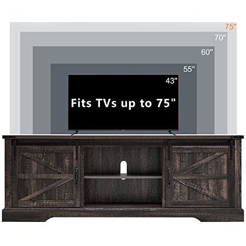 OKD Farmhouse TV Stand for 75 Inch TV with Sliding Barn Door, Rustic Wood Entertainment Center Large Media Console Cabinet Long Television Stands for 70 Inch TVs, Dark Rustic Oak OKD