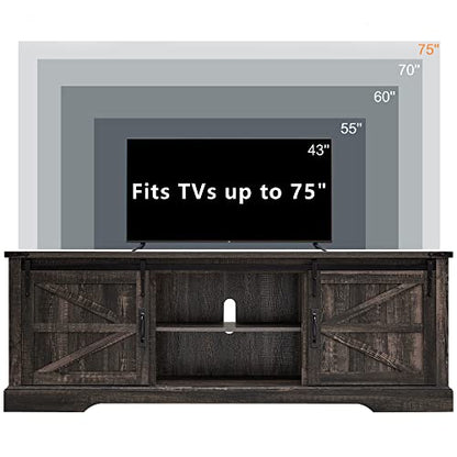 OKD Farmhouse TV Stand for 75 Inch TV with Sliding Barn Door, Rustic Wood Entertainment Center Large Media Console Cabinet Long Television Stands for 70 Inch TVs, Dark Rustic Oak