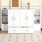 Queen Murphy Bed Wall Bed with Storage and Bookcase Headboard, Solid Wood Murphy Cabinets Bed with Shelves, Drawers and USB Ports, Multi-Function Platform Bed for Home Office, Guest Room - White Harper & Bright Designs