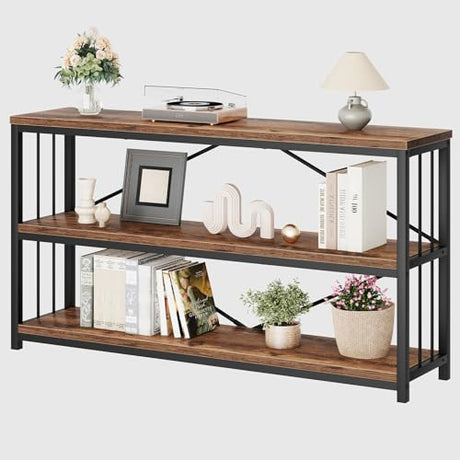 LVB Industrial Console Entryway Table, Metal Wood Rustic Sofa Table with Storage, Farmhouse 3 Tier Shelf Long Hallway Foyer Entry Tables Behind Couch for Home Living Room Entryway, Rustic Brown, 55 In LVB