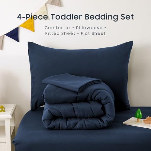 Wake In Cloud - Toddler Bedding Set for Boys Girls, 4 Pieces Soft Crib Bed Set Including Comforter, Sheets and Pillowcase, Navy Blue Wake In Cloud