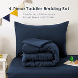 Wake In Cloud - Toddler Bedding Set for Boys Girls, 4 Pieces Soft Crib Bed Set Including Comforter, Sheets and Pillowcase, Navy Blue Wake In Cloud