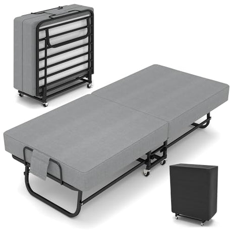 SADENICEL Folding Bed with Mattress for Adults, Portable Foldable Roll Away Bed on Wheels, Memory Foam Mattress and Metal Frame, Space Saving Fold Up for Easy Storage, 75" x 31" SADENICEL