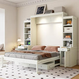 Merax Queen Size Murphy Bed with Desk and LED Lights, Power Outlet, Foldable Murphy Cabinet Bed with Open Storage Shelves & Drawers, Wood Space-Saving Hidden Wall Bed for Guest Room Office, White Merax