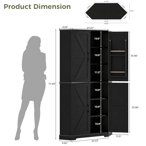 IRONCK Corner Cabinet, 72" Kitchen Pantry Cabinet, 6-Tier Freestanding Farmhouse Pantry with 2 Adjustable Shelves, 240°Swivel Doors, 2 Doors Storage, Spacious Hutch for Kitchen, Living Room, Black IRONCK
