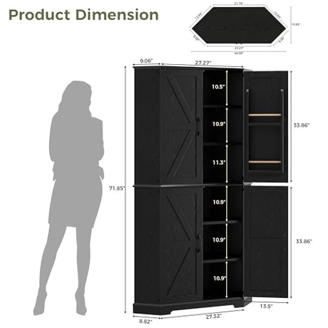 IRONCK Corner Cabinet, 72" Kitchen Pantry Cabinet, 6-Tier Freestanding Farmhouse Pantry with 2 Adjustable Shelves, 240°Swivel Doors, 2 Doors Storage, Spacious Hutch for Kitchen, Living Room, Black IRONCK