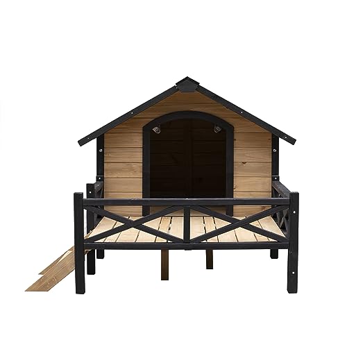 KOZYSFLER Rustic Cabin Style Outdoor Wooden Dog Kennel with Porch, Large Pet House for Dogs