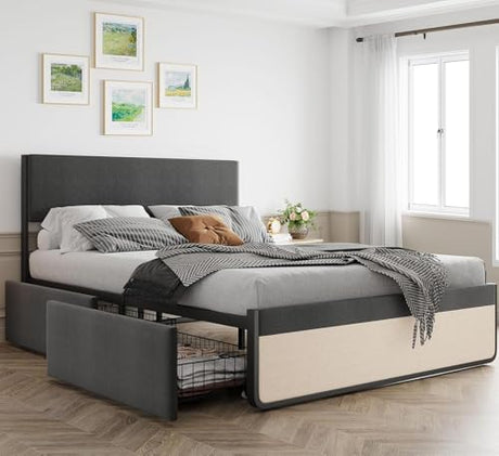 IDEALHOUSE Queen Bed Frame with Storage Drawers, Upholstered Platform Bed Frame with Metal Slats Support, Under Bed Storage Mattress Foundation, No Box Spring Needed, Noise Free, Easy Assembly IDEALHOUSE