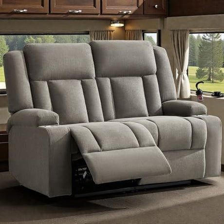 AIWOEN Manual Recliner Loveseat with Cup Holders, 2-Seater Fabric Reclining Sofa, Compact Wall Hugger Couch for RV, Small Living Room & Home Theater, Brown AIWOEN