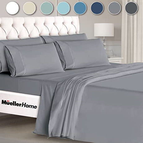 Mueller UltraTemp King Size Sheets Set – 6 Piece Premium Bedding, Silky Soft 1800 Thread Count, Cooling, Deep Pocket up to 16", Breathable Heat Transfer, Wrinkle-Resistant & Hypoallergenic, Light Gray Mueller