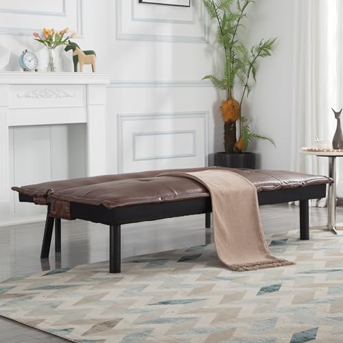Brown Faux Leather Sofa Bed with Full Size Futon Frame, Convertible Reclining Couch with Tufted Backrest, Compact Sleeper Loveseat for Living Room, Guest Room, or Office – 64.6” (PU Leather, Brown) LIMNGZMEENN