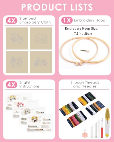 TINDTOP 4 Sets Embroidery Kit for Adult, Panda Embroidery Practice Kits for Beginners Include Embroidery Cloth Hoops Threads for Craft Lover Hand Stitch with Embroidery Skill Techniques TINDTOP