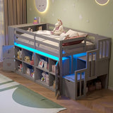 PVWIIK Twin Size Low Loft Bed with Storage Shelves & Headboard and Side Ladder,Sturdy Bed Frame w/Clothes Drying Rack,Festival Gifts,Grey PVWIIK