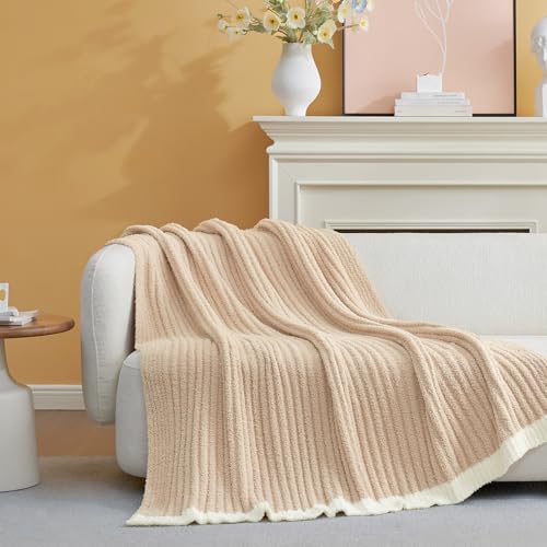 Snuggle Sac Luxury King Size Blanket for Bed, Cozy Soft Fuzzy Microfiber Knit Stripe Bedding Blankets, Beige, 108x90 inches Snuggle Sac