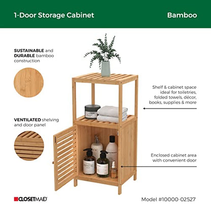 ClosetMaid Bamboo Storage, Freestanding Floor Cabinet with Single Door, 3 Shelves, for Bathroom, Living Room, Slide Table, Natural Finish