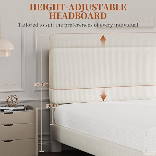 Yaheetech Full Size Bed Frame with Adjustable Headboard, Chenille Fabric Upholstered Headboard/Platform Bed, Full Bed Frame No Box Spring Needed/Wood Slats Support/Easy Assembly/Beige Yaheetech