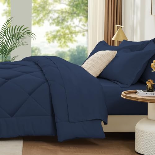 FUANNA 7 Pieces Full Size Comforter Sets, All Season Bedding Sets Full Size, Luxury Soft Bed in a Bag with Comforter, Flat Sheet, Fitted Sheet, Pillowcases & Pillow Shams, Navy Blue FUANNA
