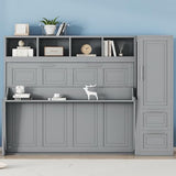 Virubi Full Horizontal Murphy Bed with Storage Wardrobe Closet,2 Drawer,4 Storage Shelves,Wood Folding Murphy Wall Bed Cabinet for Adult (Grey) Virubi