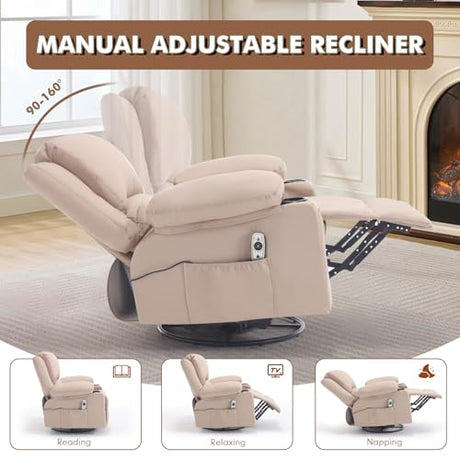 Comermax Faux Leather Swivel Rocker Recliner with Heat and Massage Cup Holders, Overstuffed Rocking Glider Chair Heated Massaging Reclining Chair,Beige Comermax
