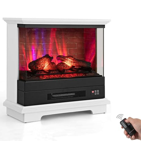 ORALNER 27” Electric Fireplace with Mantel, 3-Sided Glass View, Wooden Surround Firebox, Freestanding Fireplace Heater w/ 7 Flame Colors, Remote & 6H Timer, Overheat Protection, 1400W (White) ORALNER
