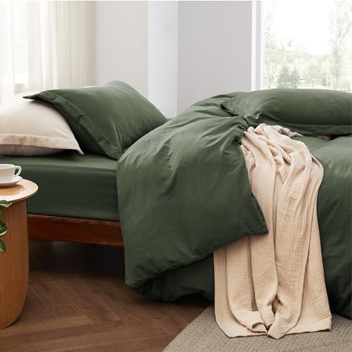 Bedsure Duvet Cover Queen Size with Fitted Sheet - 4 Pieces Prewashed Cotton-Like Extra Soft Bedding Set, Includes 1 Duvet Cover 90x90 Inches, 2 Pillow Shams, 1 Fitted Sheet, Olive Green Bedsure