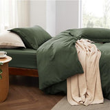 Bedsure Duvet Cover Queen Size with Fitted Sheet - 4 Pieces Prewashed Cotton-Like Extra Soft Bedding Set, Includes 1 Duvet Cover 90x90 Inches, 2 Pillow Shams, 1 Fitted Sheet, Olive Green Bedsure