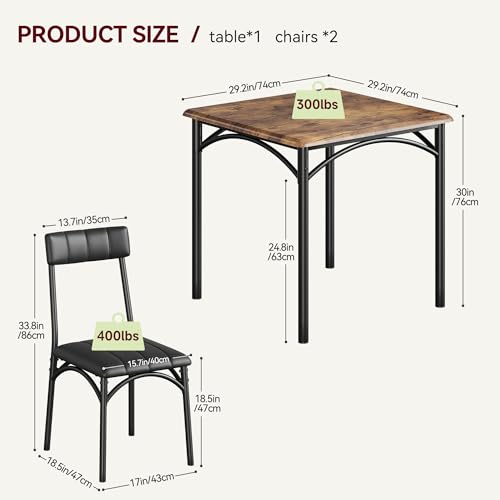 SLEKVERSA 3-Piece Dining Table Set for 2, Kitchen Table Set with 2 Upholstered Chairs, Square Dining Table Set for Apartment, Studio, Small Space, Brown SLEKVERSA