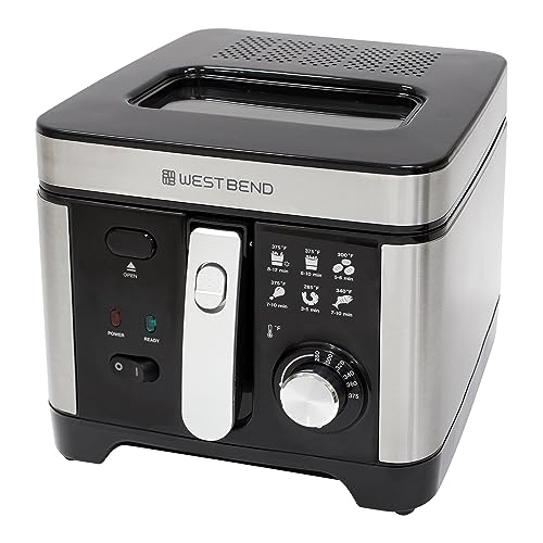 West Bend Deep Fryer with Adjustable Temperature Control Nonstick Basket Easy-View Window and Temperature Guide, Folding Handle and Locking Cover for Easy Storage, 3-Liter, Silver,Black, DFWB3LBK13 West Bend