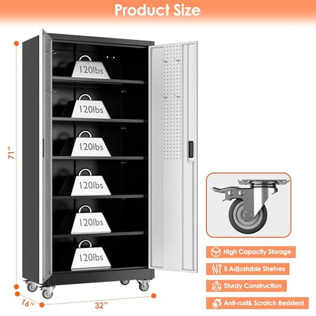 Aobabo 71" H×32" W×16" D Metal Storage Cabinet with Wheels, Garage Steel Storage Cabinet with 5 Adjustable Shelves and 4 Hooks for Home Office,Kitchen, Black Silver,Assembly Required Aobabo