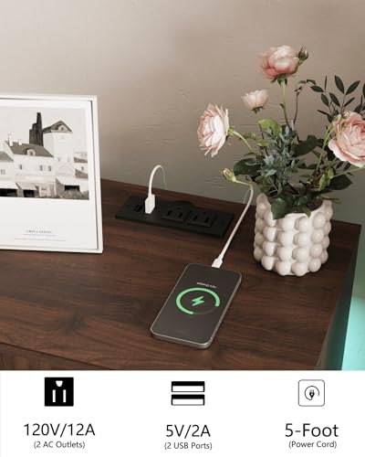 JOONEE Nightstand with Charging Station and LED Lights,Modern Bedside Table with 2 Storage Drawer,Night Stand with Solid Wood Legs,White (Walnut Brown) JOONEE