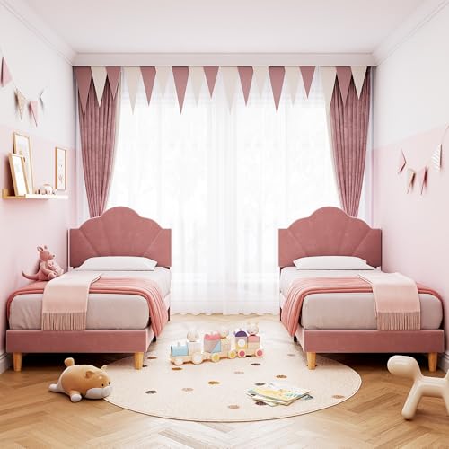 IDEALHOUSE Twin Bed Frame, Velvet Upholstered Platform Bed Frame with Height Adjustable Headboard for Boys & Girls, Wood Slat Support, Easy to Assemble, No Box Spring Needed, Light Pink IDEALHOUSE