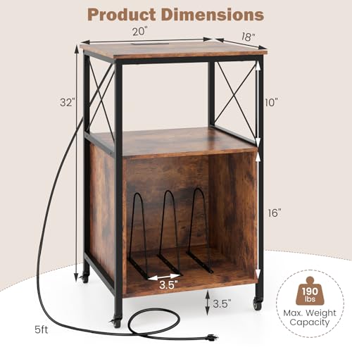LOKO 3-Tier Rolling Record Player Stand, Mobile Turntable Stand with Power Outlet, Open Shelf & Dividers, Metal Frame, Industrial Vinyl Record Storage Table on Wheels for Living Room, Bedroom LOKO