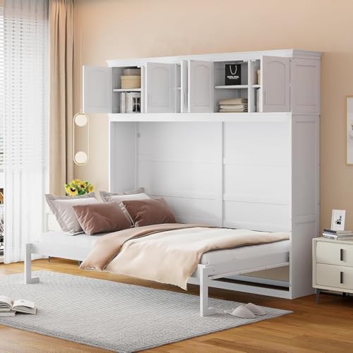 Virubi Queen Horizontal Murphy Bed with Storage Cabinet,Wood Folding Murphy Wall Bed for Adult (White,Queen) Virubi