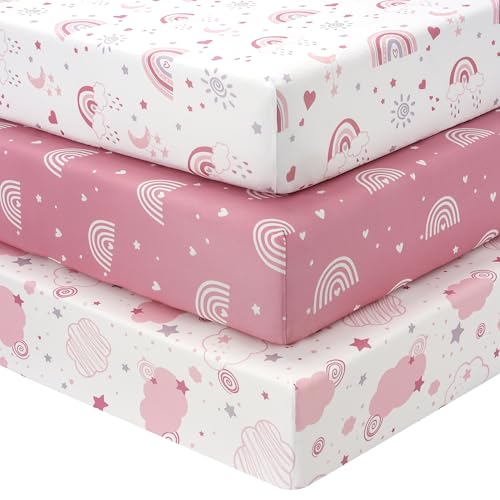 FIEMOL Baby Crib Sheets Girl, 3 Pack Toddler Bed Sheets Fitted for 52”x28” Standard Crib and Toddler Mattresses, Super Soft Microfiber Pink Rainbow FIEMOL