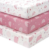FIEMOL Baby Crib Sheets Girl, 3 Pack Toddler Bed Sheets Fitted for 52”x28” Standard Crib and Toddler Mattresses, Super Soft Microfiber Pink Rainbow FIEMOL