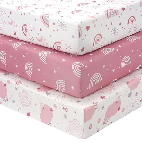 FIEMOL Baby Crib Sheets Girl, 3 Pack Toddler Bed Sheets Fitted for 52”x28” Standard Crib and Toddler Mattresses, Super Soft Microfiber Pink Rainbow FIEMOL