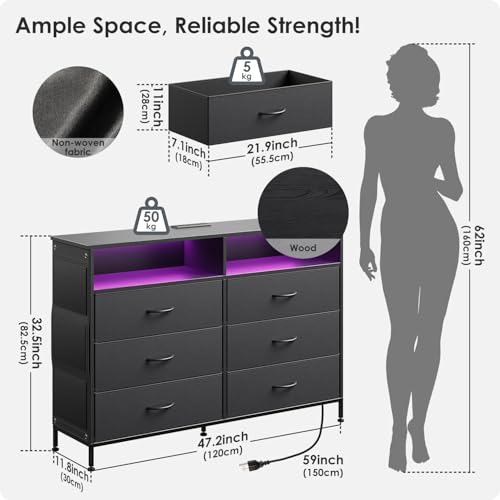 OtterOasis Dresser for Bedroom with LED Lights and Charging Station, Fabric Black Bedroom Dresser 6 Long Drawers Dressers, Tall Wide Chest of Drawers TV Stand OtterOasis