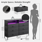 OtterOasis Dresser for Bedroom with LED Lights and Charging Station, Fabric Black Bedroom Dresser 6 Long Drawers Dressers, Tall Wide Chest of Drawers TV Stand OtterOasis