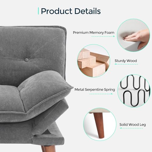 LINSY HOME Futon Sofa Bed, 70" Chenille Futon Couch with Adjustable Backrest Armrest, 3 in 1 Convertible Comfy Loveseat Sleeper Sofa Bed for Small Spaces Dorm Room Apartment Home Office, Dark Grey LINSY HOME