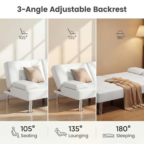 YESHOMY Modern Futon Sofa Bed, Convertible Futon Couch with Adjustable Backrest, Futon Loveseat Sleeper Sofa Bed with Armrest for Living Room, Small Spaces,PU Leather, White YESHOMY