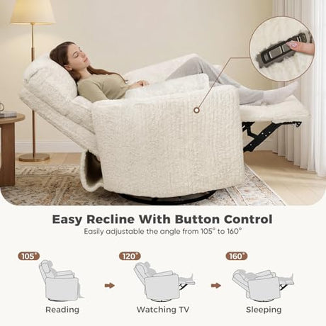 SENYUN Power Swivel Rocker Recliner for Adults, Large Glider Rocking Chair w/ 2 Pillows, USB and Type-C Ports, Night Light, Fluffy Plush Nursery Chair for Living Room, Bedroom,Nursery, Beige SENYUN